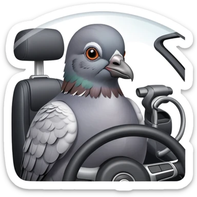 pigeon parking a car, bird using steering wheel and parking sticker
