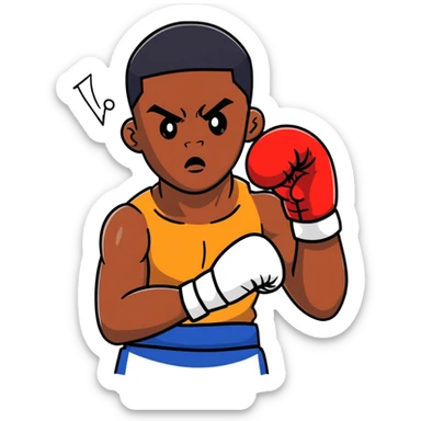 Close-up face of a young 19-year-old Black male boxer, intense gaze, boxing gloves slightly visible sticker