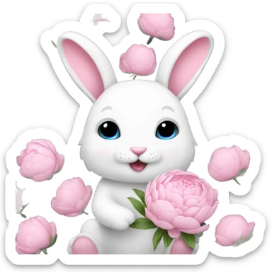 cute white bunny holding light pink peonies sticker