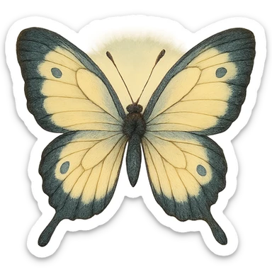 realistic whimsical black, blue and cream butterfly, natural colors, soft, fairy-like atmosphere, no background, square size sticker