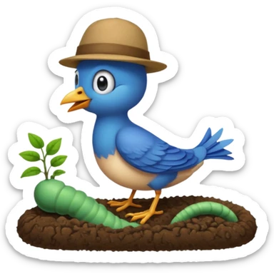 a blue bird wearing a hat, standing on a worm sticker