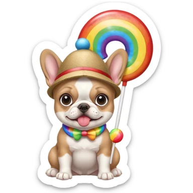baby french bulldog wearing a propeller hat and holding a comically large rainbow lollipop  sticker