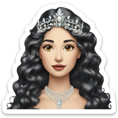 Regal pretty woman photograph defined cheekbones high cheekbones crown vintage with very long iridescent black and silver hair wavy black hair pearl crown iridescent sticker