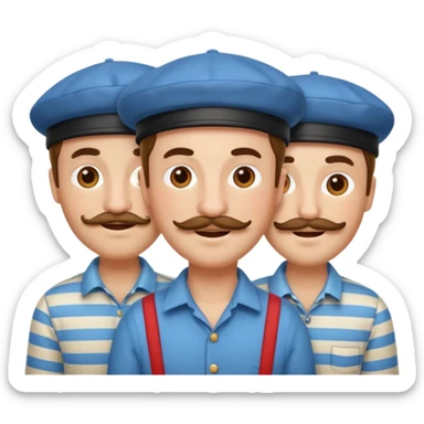 three French adults together, classic emoji style, simple facial features, berets, striped shirts, mustaches, cheerful expressions sticker