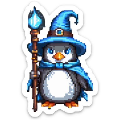 penguin wizard with a pointy hat and magic staff sticker