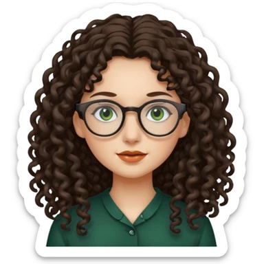 rapariga, olhos verdes escuros, cabelos compridos aos caracóis, com óculos sticker