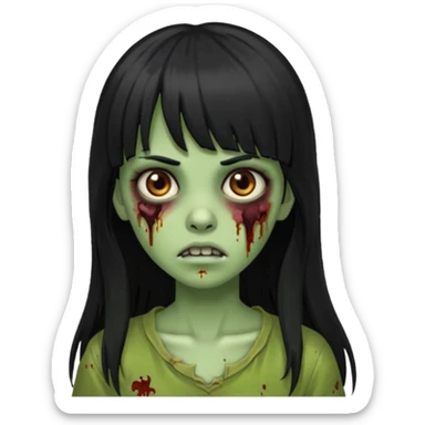 Zombie emoji girl, skin green, black long hair with bangs black, brown eyes  sticker