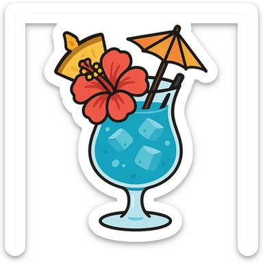 blue tropical cocktail with hibiscus, pineapple, and paper umbrella garnishes, flat toon style sticker