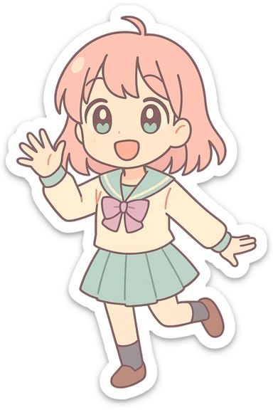 anime girl waving, school uniform, cheerful, dynamic pose sticker