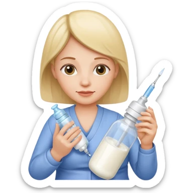 Mother holding a baby bottle with milk and a vaccine syringe sticker