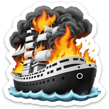 un barco quemandose blanco y negro  sticker