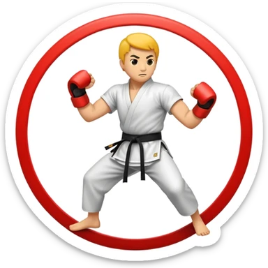 An emblem-style emoji symbolizing striking martial arts. The design features a stylized fighter in a dynamic stance, delivering a powerful punch, surrounded by a circular border with traditional elements like fists and combat symbols. Bold, clean lines with contrasting colors. sticker