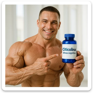 hyper realistic bodybuilder pointing at blue bottle of Citicolina, sculpted muscles, visible label, text 'Citicolina: difesa cognitiva', bright environment sticker