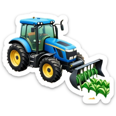An icon representing a farming simulator, with a detailed tractor plowing fields under a bright sky with rural landscape. The design includes farming tools, crops and barns, symbolizing the immersive experience of managing a farm. Transparent background. sticker
