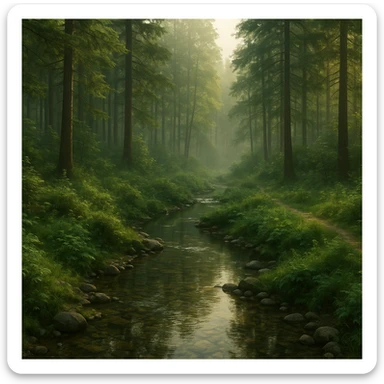 realistic forest landscape, 1920x1080 aspect ratio, early morning, dense trees, clear stream winding through foreground, soft golden morning light, lush greenery, detailed water reflections, gentle mist, no wildlife sticker