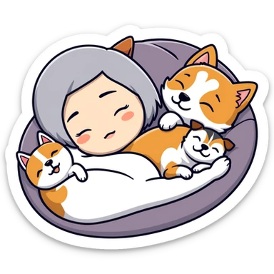 Create a short hair gray hair girl sleeping cuddling with a shiba and a Yorkshire terrier and a jack Russel terrier  sticker