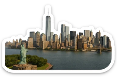 cinematic, realistic emoji of New York City, wide city view focusing on Lower Manhattan with the Statue of Liberty, One World Trade Center, Brooklyn Bridge, and Battery Park, lifelike architectural detail, accurate colors, bright daytime lighting, fully transparent background, no sky, no clouds, no city name label sticker