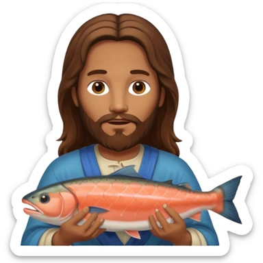 Jesus with long brown hair and a long beard holding a salmon sticker