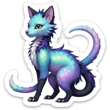 Kawaii black pastel iridescent beautiful pretty elegant divine edgy fantasy feline-vernid-sergal-fursona animal creature with a tufted tail full body with intricate markings  sticker