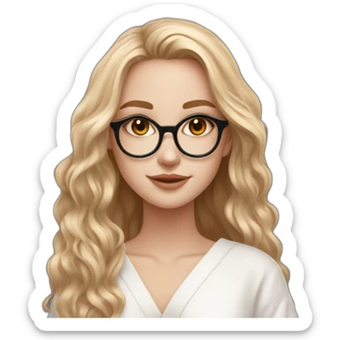 Beautiful white skin teenage girl very long wavy flax colored hair amber eyes rose gold round glasses white shirt black robe sticker