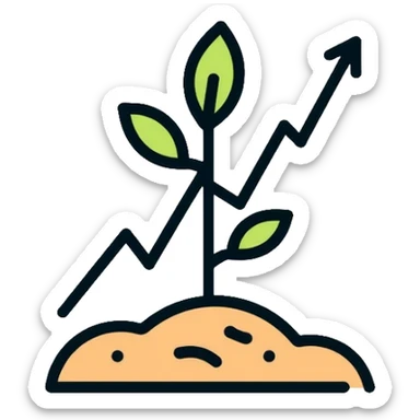 A simple outlined seedling sprouting from soil with small green leaves and a tiny upward graph line, representing the 1% improvement principle sticker