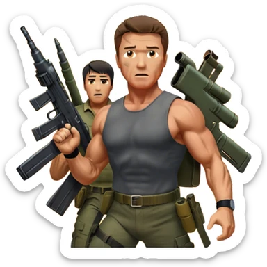 Icon for Action Movies: Close-up collage featuring Schwarzenegger in 'Commando' and  Stallone in 'Rambo', in bold poses. Background includes explosions, rockets flying, and machine guns. The style is reminiscent of a cinematic movie poster with intense, dramatic colors. Transparent background. sticker