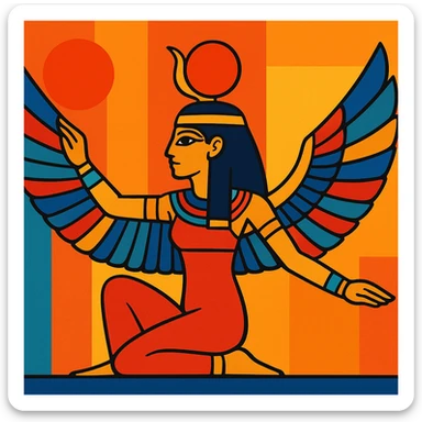 Egyptian goddess with extended wings, vibrant illustration style sticker