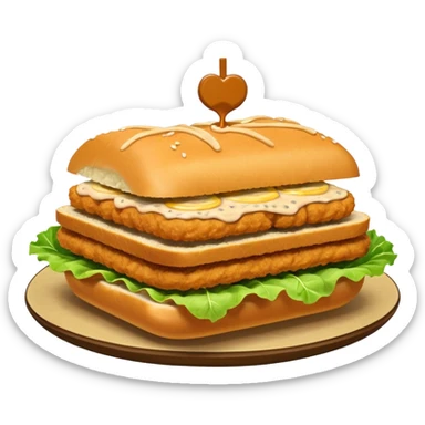 schnitzel sandwich: an oblong roll topped with a schnitzel, placed on a lettuce leaf, the schnitzel is drizzled with remoulade, there is no cheese or other ingredients sticker
