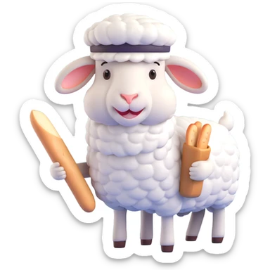a sheep from France wearing a beret and holding a baguette, 3D emoji style sticker