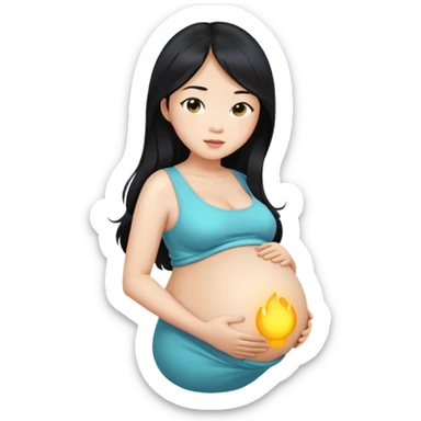 Beautiful Asian girl with long black hair, pregnant belly sticker