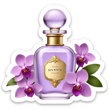 Create a delicate vintage French-style perfume bottle in an orchid hue, adorned with intricate gold detailing and an elegant glass stopper. Surround it with lush lilac flowers, along with soft lavender sprigs and petals scattered around for a dreamy, romantic atmosphere. The background should have a subtle antique texture, evoking the charm of a Parisian boudoir. The lighting should be soft and diffused, enhancing the luxurious and nostalgic feel sticker