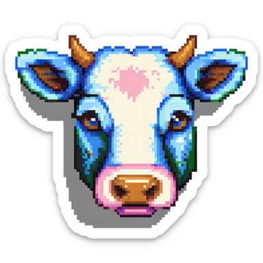 simple blocky Minecraft cow head emoji with 2 or 3 large colorful square pixels, chunky, playful, childlike sticker