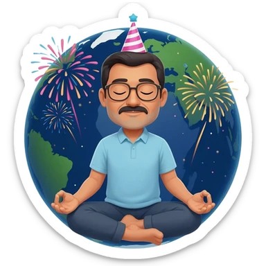 middle age mexican man with glasses, no facial hair, sitting indian style while sitying ontop of the planet earth which is close in size to the mexican man,  meditating with his eyes closed with a birthday party hat on and fireworks all around in the background in space.  sticker