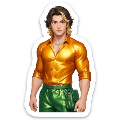 Jason Momoa with hazel eyes, dark brown long hair with blonde highlights, yellow orange metallic shirt, green metallic baggy pants, silver necklace sticker