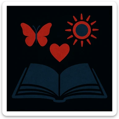 open book with butterfly, heart, and sun in red and dark blue floating above it, black background, dark motivational style sticker
