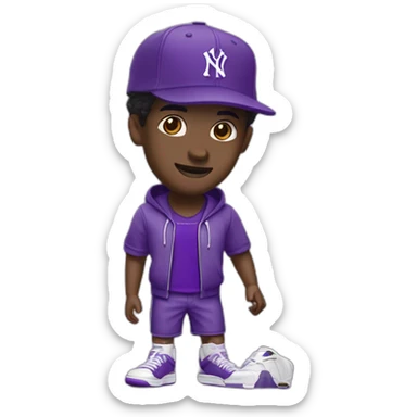 Young, dark-skinned guy in violet attire, wearing a violet NY cap and rocking violet Jordan Retro 4. 🟣🧢👟 sticker