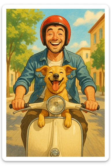 man and his pet dog riding a vespa sticker