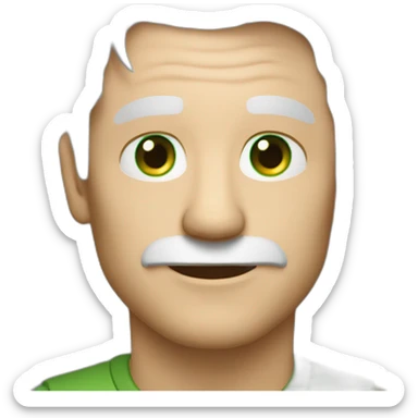 Man 46 years old White hair, green eyes,  with a camera sticker