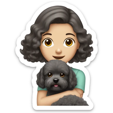 Brunette girl long straight hair, holding a dark gray maltipoo with a white snout sticker