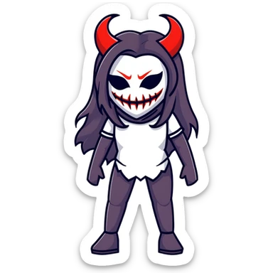 sinister female figure with demon mask and long dark hair sticker
