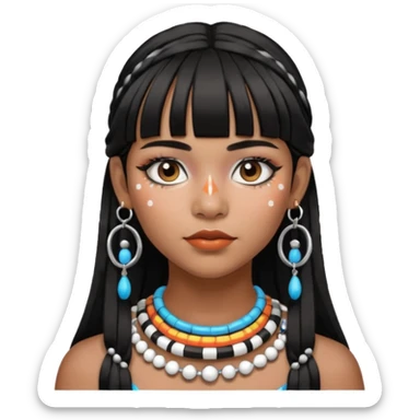 Chica indígena con maquillaje tradicional de indígenas con puntos y rayas, pelo liso y flequillo, con aretes de candongas grandes  sticker