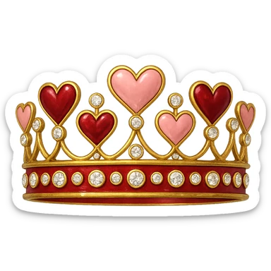 heart crown with a red base, hearts in deep red and rose enamel, sparkling gems sticker