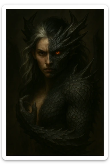 Make the character a girl, keep half human half dragon, with silver and black hair, and a fierce expression. Highlight the intensity and strength in the character's expression and hybrid features. sticker