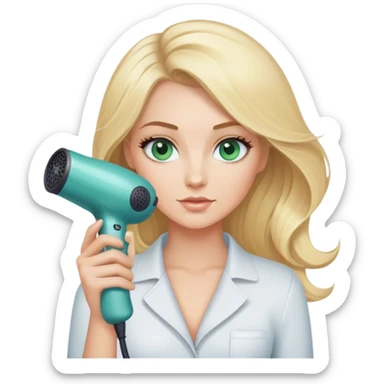Blonde bob girl hair stylist with blue green eyes holding a hair dryer  sticker
