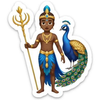 Lord Murugan standing with a blue peacock and holding a golden vel staff, simple bold emoji style, clear and recognizable for keypad sticker sticker