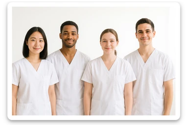 four nursing students standing side by side, not touching each other, warm atmosphere, wearing short-sleeved white uniforms, no undershirts, no stethoscopes sticker
