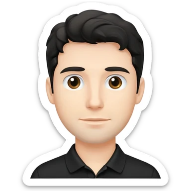 Caucasian man with black wavy hair wearing a black polo shirt sticker