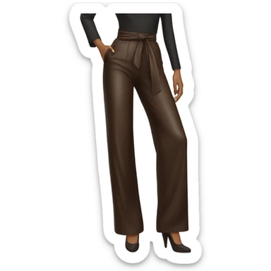 Dark brown High waisted leather wide leg pants with tie front sticker