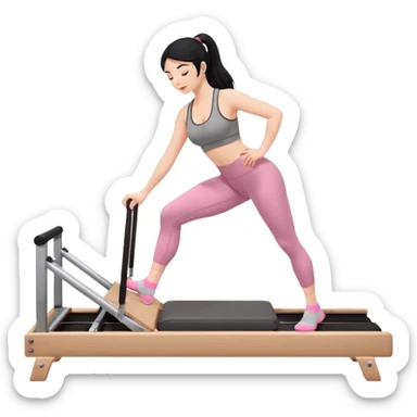 Create a Pilates emoji: a girl with fair skin and black hair, wearing a grey bra and grey leggings with pink pilates socks, on all fours on a wooden reformer. Make it look at the reformer. Make the colors neutrals. sticker