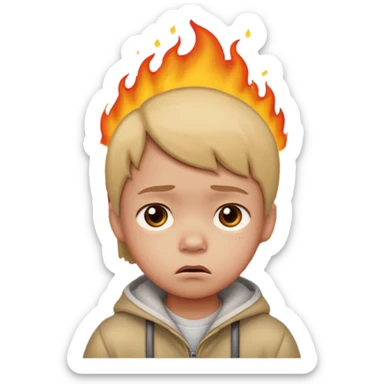 small child with sad expression and street on fire in the background, apple style emoji sticker
